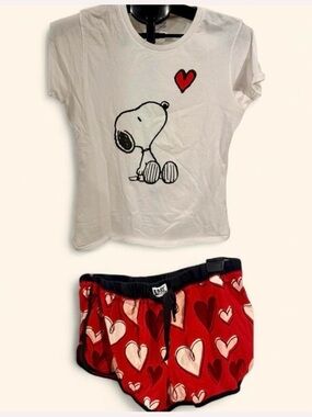 Lazy One White Snoopy Tee with Red Heart-Print Pajama Shorts